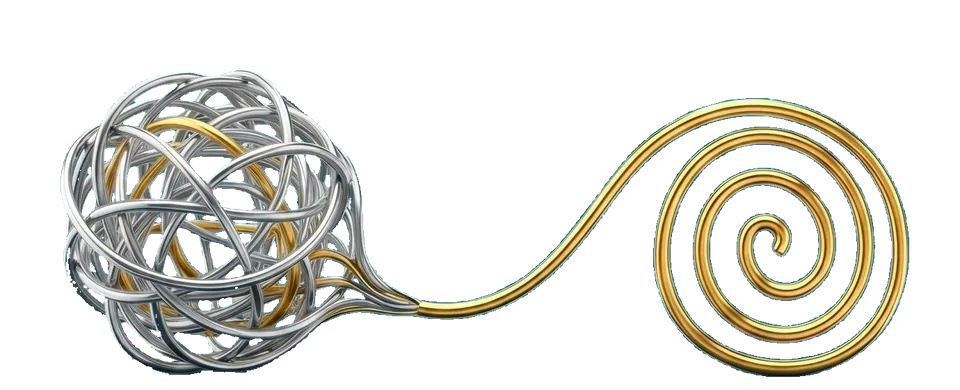 Accuminds mark: a tangled wire ball unravelling into a clean gold spiral
